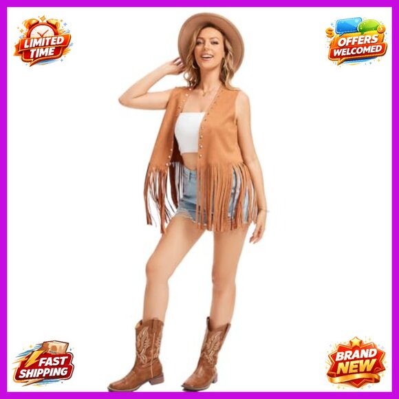 Faux Suede Fringe Vest Sleeveless Western Hippie Costume XXL - Picture 6 of 7